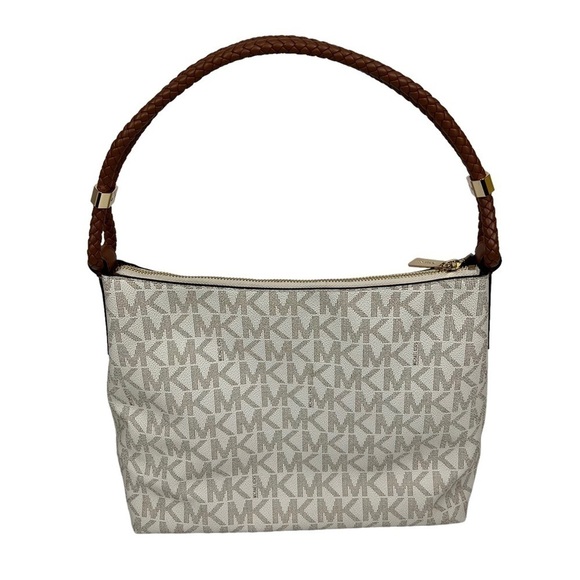 MICHAEL KORS Women’s Satchel Logo Purse Brown & Cream 14.5”x10” Braided Handle - Picture 3 of 14